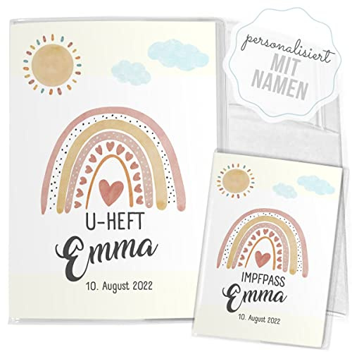 Mikalino Hülle für U-Heft und Impfpass personalisiert Bunter Regenbogen mit vielen roten Herzen Impfpasshülle & Schutzhülle, Grösse:U-Heft Set 3-teilig personalisiert, Farbe:7037_Regenbogen