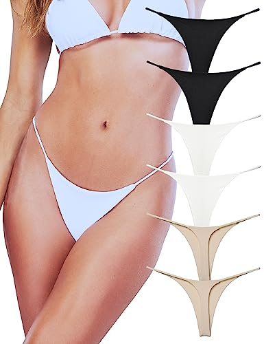 KUKU PANDA Sexy G String Thongs for Women Stretchy Cotton Panties Ladies No Show Underwear 6 Pack Set (Black White Beige, Large)