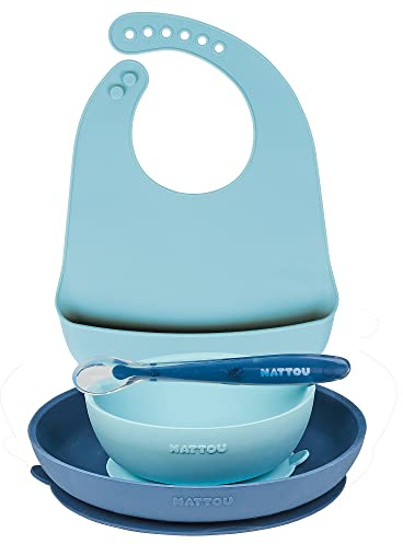 Nattou Silikon-Geschirr für Kinder, 4-tlg., 1 Löffel, 1 Teller, 1 Schale, 1 Lätzchen mit Auffangschale, BPA-frei, Silicon, Blau