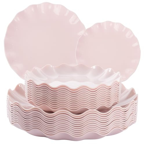 LIYH 24 Pcs Pink Plates Reusable, Pink Plastic Scalloped Plate Durable and Dishwasher Safe,Baby Shower Plate, Light Weight Daisy Plastic Wavy Plates for Mothers Day Plates Wedding Party Birthday