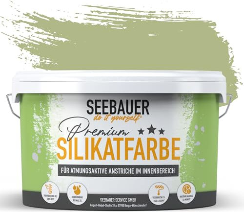 SEEBAUER diy Silikatfarbe Hellgrün 2,5L für Innen (No. 712 Mystic Bamboo) Atmungsaktive Mineralfarbe für Allergiker - Abwaschbare Wandfarbe - Grüntöne hohe Deckkraft