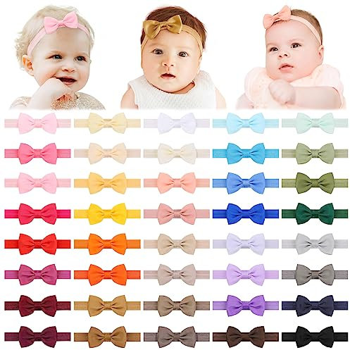 Jollybows 40 Stück Baby Mädchen Stirnbänder mit Schleife, 40er Set, Unisex, Mehrfarbig, Baumwolle Nylon Polyester, Stretchfaser, Elastisch, Für Babys & Kleinkinder, Babyparty, Haarbänder, Kinder