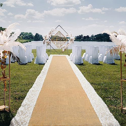 Preboun Hochzeitsläufer für den Außenbereich, natürliche Jute, für Hochzeitszeremonie, breiter, rustikaler Jute-Teppich mit Spitze, für den Außenbereich, Strand, Zeremonie, Dekorationen für Garten