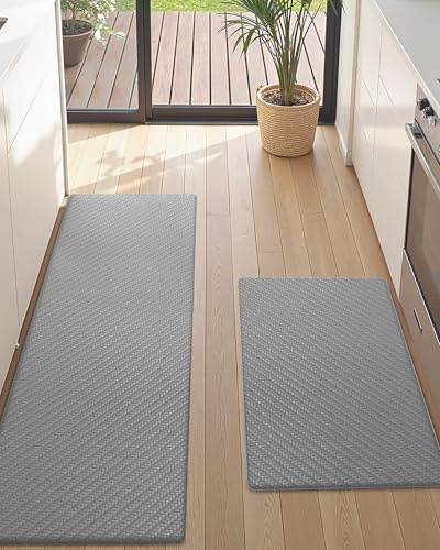 COLOR&GEOMETRY 2 piece Anti Fatigue Kitchen Mat Set, 10mm Thick Memory Foam Kitchen Rug, Non Slip Waterproof Runner，Soft Standing Mat, 44x75cm+44x150cm, Grey