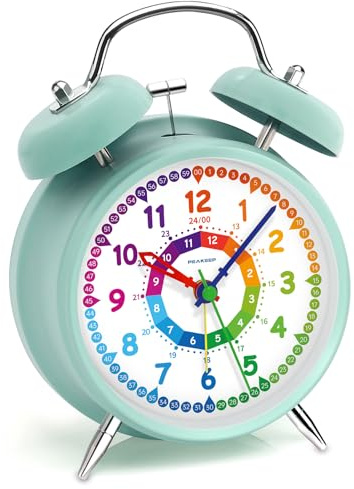 Peakeep Loud Analog Alarm Clock for Kids Learning Telling Time Teaching, 4.5 Twin Bell Alarm Clock Battery Operated for Heavy Sleepers Teenagers Kids(Aqua)
