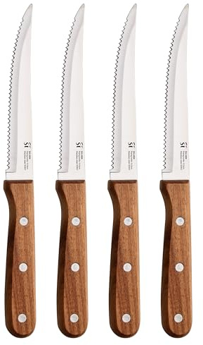 San Ignacio Compact - Juego De 4 Cuchillos Para Carne - Acero Inoxidable- Hoja Con Acabado Mate - Hoja 12.5cm - Mango De Madera De Acacia - Apto para Barbacoas - Agarre ABS