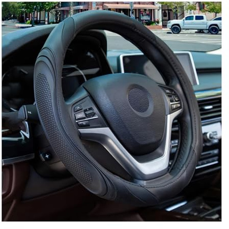 Osilly 15 Inch Car Leather Steering Wheel Cover, Automotive Accessories Elastic Breathable Anti-Slip Soft Wheel Protector Fits Men and Women, Suitable for SUVs, Trucks, Vehicles and RVs (Black)