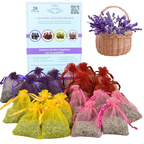 Edel Living Lavendelsäckchen mit staubfreiem und langanhaltendem aus Deutschland, 20 x 6g Duftsäckchen als Mottenschutz für Kleiderschrank, getrocknet und bunten Beuteln für entspannten Schlaf