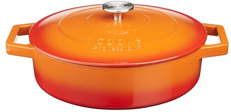 Cooks Professional 28cm Cast Iron Shallow Casserole Dish 4.3L with Lid & Handles | Colourful Modern Enamelled Cooking Pan Pot | Suitable For All Hobs Inc Induction | Oven & Grill Safe | Orange