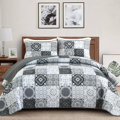 Dobuyly Grey Black Quilt Set Queen Size, Boho Plaid Patchwork Bedspreads Coverlet Set, 3 Pieces Soft Lightweight Microfiber Farmhouse Quilt Bedding Set for All Seasons 96x90
