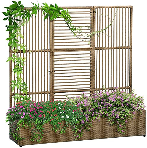Outsunny Hochbeet mit Rankgitter in Rattan-Optik Pflanzkasten mit Rankhilfe für Kletterpflanzen Blumenkasten Blumenbeet Pflanzkübel Rankkasten für Garten, Balkon, 103 x 103 x 29 cm Sand