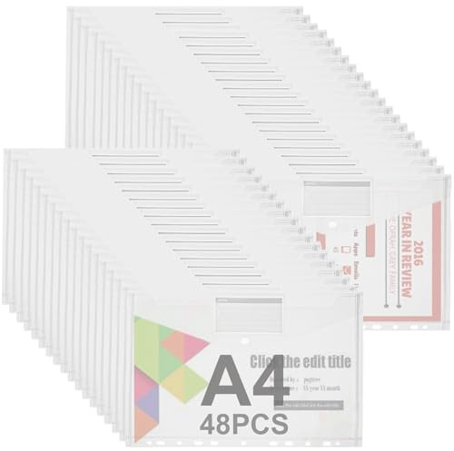 ASelected 48 Stück Dokumentenmappe A4 Abheftbar, Dokumentenmappe mit Druckknopf a4 Dokumententasche mit 11 Lochrand Transparent Sichttasche Sammelmappe A4 Druckknopf für Organizer Dokumente