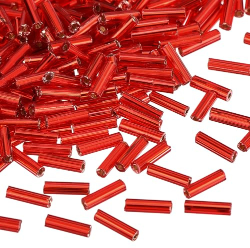 sourcing map 1300Pcs 6x1.7mm Glass Bugle Beads Red | Tube Mini Loose Glass Seed Spacer Bead for DIY Earrings Necklaces Bracelets Jewelry Making