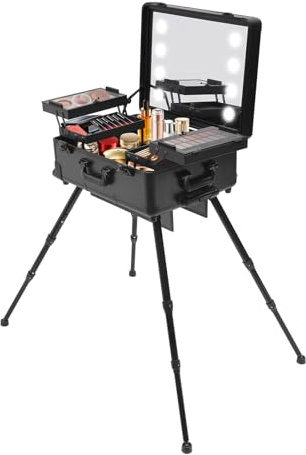 Make-up Rolling Train Case Schminkkoffer Schminktisch mit 4 Rädern, Schminkstation Aufbewahrungskoffer mit Beleuchtung & Spiegel & Abdeckplatte, verstellbare Beine Kosmetische Organizer (schwarz)