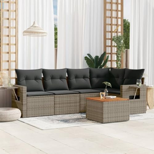 THOYTOUI 6-TLG. Garten-Sofagarnitur, Garten möbel Gartenset Tisch und stühle Gartengarnitur Set Outsunny gartenmöbel Geeignet für Terrasse Veranda Balkon Garten mit Kissen Grau Poly Rattan