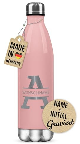 Print Royal PR Personalisierte Trinkflasche mit Gravur - mit Buchstabe & Name gravieren - Geschenk zum Geburtstag, Weihnachten, Namenstag | Edelstahl-Thermosflasche, Rosa 500 ml