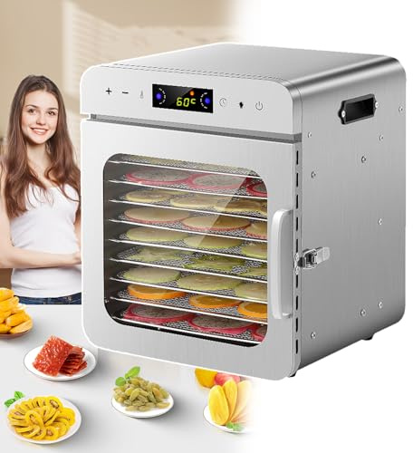 YXFAZPP Electric Food Dehydrator With 10 Trays Tiers,Snacks Dehydration Dryer Fruit Vegetable Meat Drying Machine, Stainless Steel,Adjustable Timer For Fruits Veggies Meat Pet