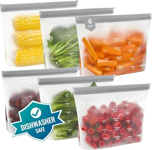 IDEATECH Reusable Freezer Bags 6 Pack Gallon Silicone Food Storage Stand Up Pouches BPA Free Dishwasher Safe Heavy Duty Plastic Leakproof Zip Lock Batch Cooking