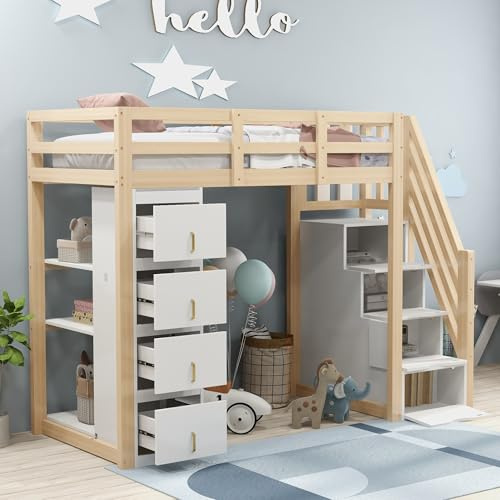 Zravenna Lit mezzanine, 90 x 200 cm, avec tiroir de rangement et escalier de rangement, commode avec étagères, lit pour enfant, multifonction, protection anti-chute, en bois massif, blanc + naturel