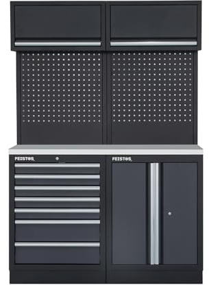FEISTOS Werkstatteinrichtung Apollo 5E | Werkzeugschrank inkl. Lochwand & Edelstahl Arbeitsplatte | Modular erweiterbar | Anthrazit RAL7016 Schwarz RAL9005 | 136x46x200 cm