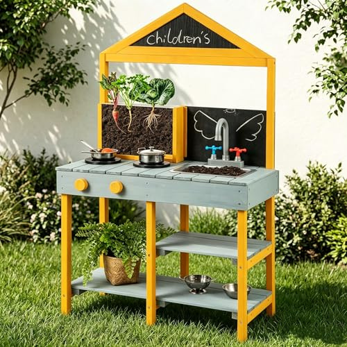 DREAMADE Matschküche Kinder Outdoor, Kinderküche Tannenholz, Spielküche mit Wasserhahn, Waschbecken, Herd, Tafel & Pflanzenbetrachter, Outdoor Küche inkl. 8 TLG. Zubehör für Kinder ab 3 Jahren (Blau)