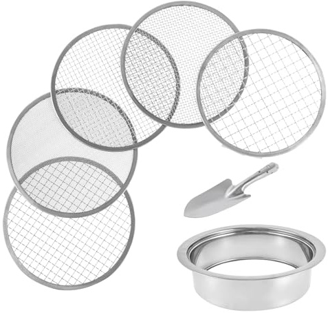 SRKATI Semillas Dispensador Juego de tamiz de Suelo de Acero Inoxidable con Mallas Intercambiables, Filtro de Suelo Multifuncional para jardín con diámetro de 9,45 Pulgadas Siembra Esparcidor