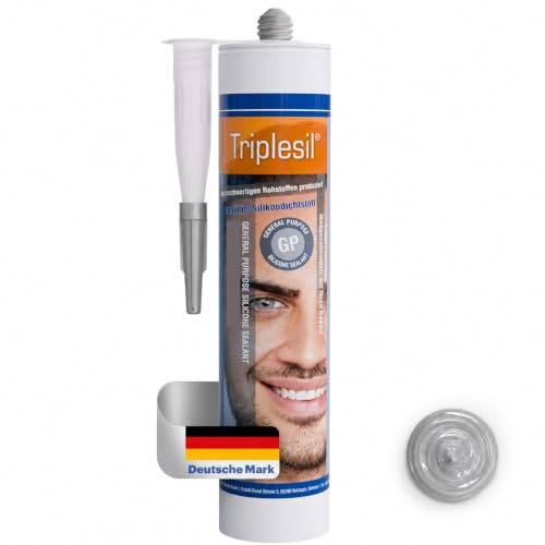 Triplesil Premium Sanitär Silikon 1 x 310 ml grau– Silikon Dichtstoff für Bad, Küche & Fenster – Wasserdicht – Silikon zum Abdichten Innen & Außen – Fugensilikon (1 x Silver/grau)