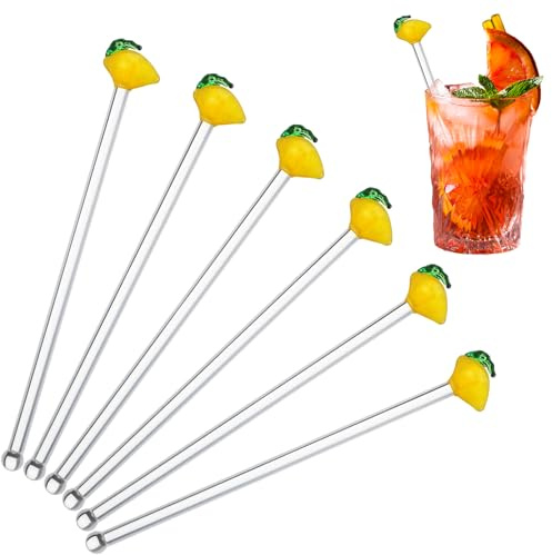 SiliFine 6 Pcs Lemon Glass Swizzle Sticks - 8'' Glass Drink Stirrers, Cocktail Stirring Rod, Reusable Mixing Sticks, Coffee Bar Accessories for Christmas Party Supplies