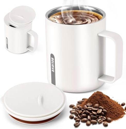 Miawtro Kaffeebecher 400 Ml, 316 Edelstahl Kaffeetasse,Thermobecher mit Henkel und Schiebedeckel,Kaffeebecher to Go mit Deckel,Kleiner Campingbecher zum Mitnehmen, Für Trinken von Tee Kaffee (Weiß)