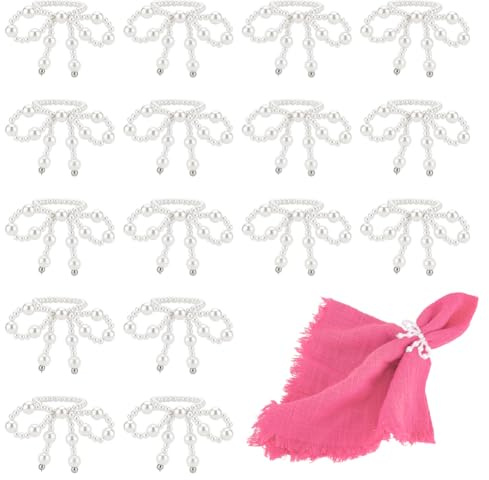 PH PandaHall 16 PCS Pearl Bow Napkin Rings, White Acrylic Napkin Holders Elegant Imitation Pearl Ring for Wedding Garden Parties Christmas Family Kitchen Table Decoration and Daily Use