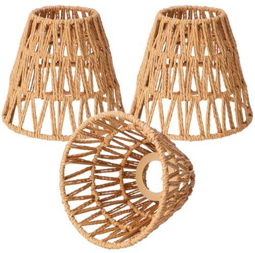 Tujoe Small Rattan Bell Lamp Shade Boho Handwoven Barrel Rattan Chandelier Shades Replacement for Table Floor Lamp Pendant Light Fixtures, 5.5 H x 5.9 D, 2.76 Fitter(3 Pcs,Boho,Normal)