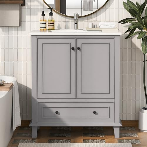 76 x 46 x 87 cm, mobile da bagno, lavabo da pavimento, gambe in legno massiccio, impermeabile e impermeabile, lavabo in ceramica integrato (grigio)