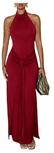 Milumia Women's Tie Knot Bodycon Halter Dress Sleeveless Backless Wedding Guest Long Dresses Burgundy Large
