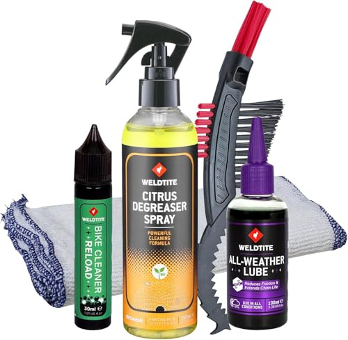 WELDTITE New Starter Bike Cleaning Gift Kit | Includes Citrus Degreaser 250 ml, Chain Lubricant 100 ml, Cleaner Concentrate 30 ml, Cassette Brush & Cloth