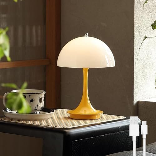 AoLa Pilz Tischlampe Kabellos LED Akku Tischleuchte USB Aufladbar mit Touch Dimmbare Nachttischlampe Ohne Kabel Modern Pilz Lampe Batterie 1800mAh Tragbare Nachtlicht für Innen und Außen, Gelb