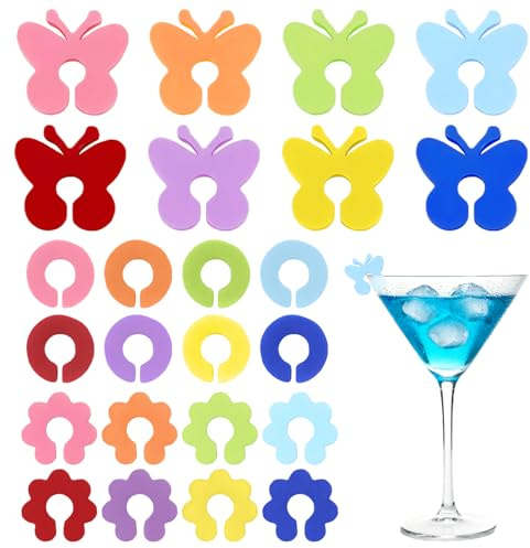 ALLY-MAGIC Bunte Glasmarkierer Silicon, Wiederverwendbare Glasmarker zur Glas Markierung Trinkgläser, 24 Stück Gläser Markieren für Weinglas Cocktailglas Trinkglas E24-CSBLBS