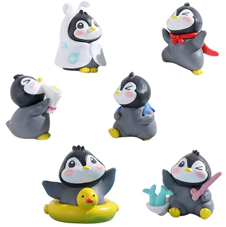Falafoty 6Pcs Black Penguin Figures Toys Winter Decoration Cake Topper, Miniature Penguin Figurines Table Ornament, Penguins Fairy Garden Moss Landscape Kids Birthday Gift Party Supplies Car Deco (D)