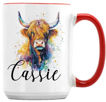 Personalised Colorful Highland Cow Custom Name Gift for Kids,15oz Ceramic Coffee, Tea Mug. (Red Inside)