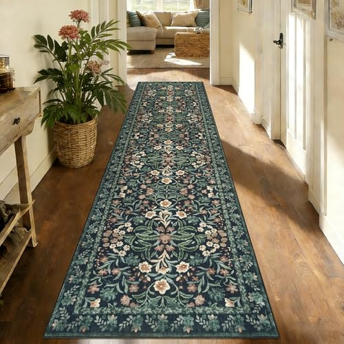 Edlbaegy Blumenmuster Teppich Läufer 80X300cm Schwarz Läufer Flur Waschbarer Flur Teppich rutschfest Küchenläufer Boho Lang Teppichläufer für Eingang Badezimmer Waschküche