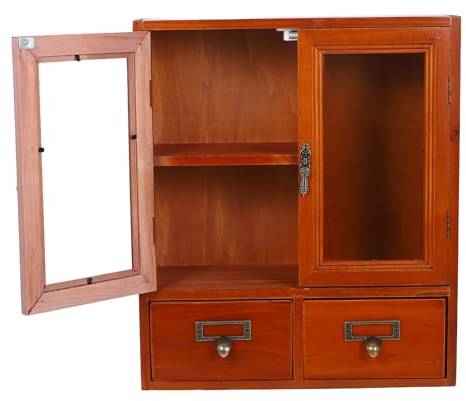 Hoement Vetrinetta Mobiletto Decorativo da Parete Vintage da Parete in Legno Marrone e Raffinata Lavorazione Doppie Ante Grande Capacità per Soggiorno o Ingresso