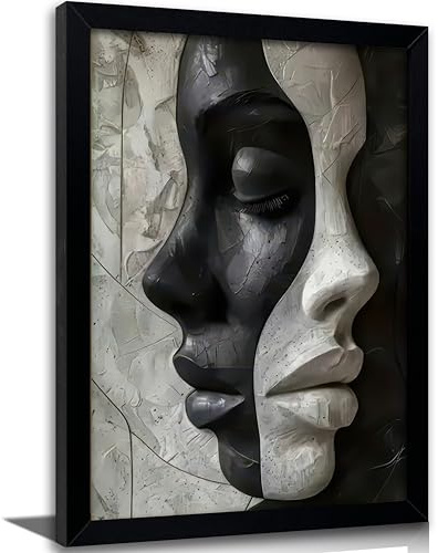 Framed Abstract Woman Face Wall Art, Trendy Black and White Women Oil Painting Canvas Print, African American Wall Decor, Female Portrait Picture, Black Girl Poster Artwork for Living Room Bedroom