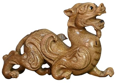 ASAKKURA Estatua Tallada en Madera de Pixiu para Decoración de Escritorio y Oficina, Adorno Marrón Clásico y Artístico de Madera Natural Estilo Aleatorio