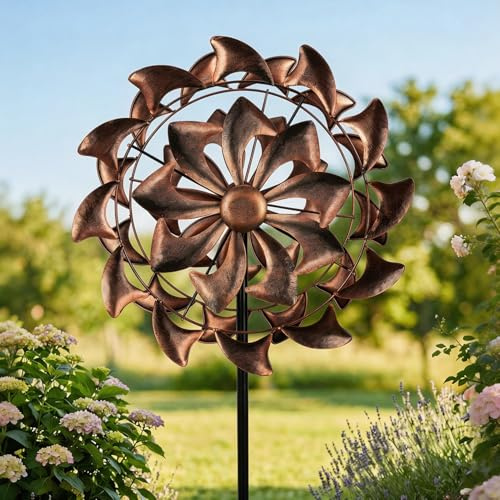 Wind Spinners Outdoor Garden Decor - W13xH63 Copper Metal Yard Art Wind Sculptures & Spinners, Vintage Kinetic Windmill for Yard Patio Lawn Decor, Retro Gardening Gifts for Women