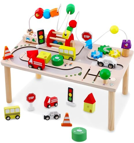HuuppHip Aktivitätstisch für 1-jährige, Montessori Aktivitätstisch aus Holz mit Formensortierer & Lernuhr, Lernspielzeug ab 12 Monaten,Pädagogisches Motorikspielzeug für Babys & Kleinkinder
