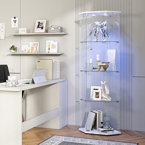 Eckvitrine Mit LED Beleuchtung, Glasvitrine Stehend Mit Glastüren, 4 Glasböden, Eckvitrine Glas Holz Vitrinenschrank, Modern Display Cabinet Sammlervitrine Für Wohnzimmer, Schlafzimmer, Büro, Bücher