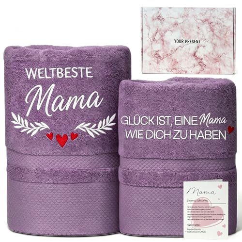 YSUVIN Mama Geschenk 2-teiliges Set 100% Baumwolle Bestickte Handtücher | Personalisiertes Geburtstagsgeschenk für Mama Werdende Mama Geschenk - Badehandtuch 50 x 100 cm + Handtuch 35 x 75 cm, Lila