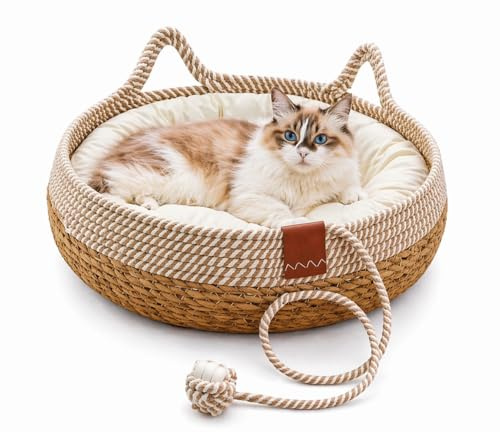 Tierschatz Katzenbett mit Kissen, 50cm Waschbar Katzenkorb Katzenbett Katzenhöhle Haustierbett mit Kissen und Spielball aus Sisal geflochten, zum Schlafen für Alle Katze