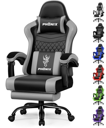 minnouat Gaming Stuhl, ergonomischer Gaming Sessel mit Fußstütze, Gamer Stuhl mit Lendenkissen & Kopfstütze, Gaming Chair mit neigbarer Rückenlehne, Bürostuhl & Gamingstuhl,150 kg, Grau