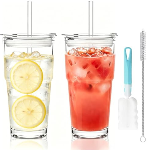 VIQIHEOE 2 Stück Glasbecher mit Deckel und Strohhalm, Klassisch Glasbecher, Longdrinkgläser, 600ml Kaffee to go Becher, Glas Tea Becher, mit Reinigungspinsel, für Kaffee, Smoothie, Matcha, Wasser