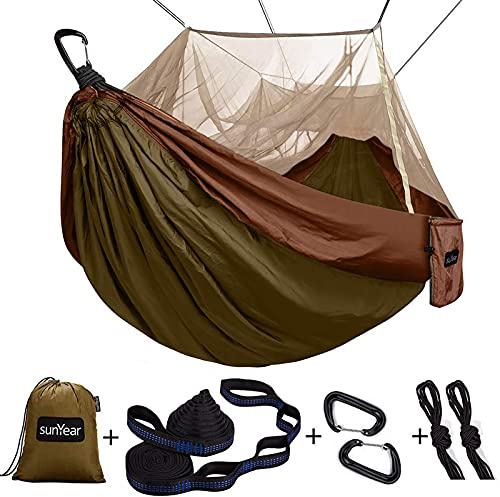 Enkel och dubbel campinghängmatta med myggnät, 3 m hängmatta träremmar och karbinhakar | enkel montering | bärbar fallskärm nylon hängmatta för camping, backpacking, överlevnad, resor och mer